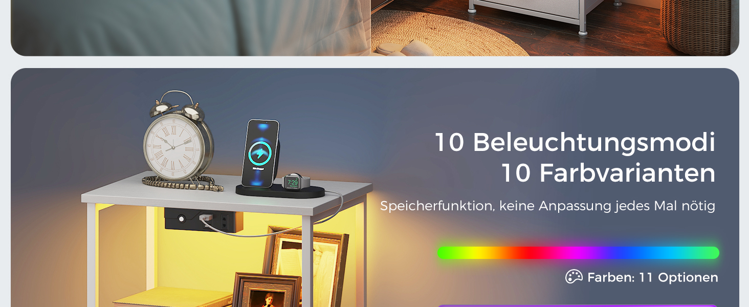 Приліжкова тумбочка Coleshome біла з USB, розеткою та LED-підсвіткою, 2 висувні ящики та полиця, для невеликих спалень, 40x30x60 см, в упаковці 1 шт.