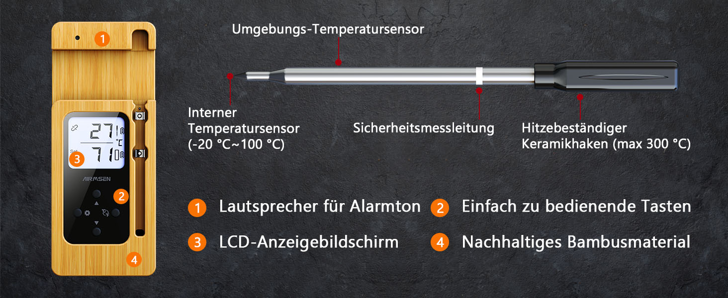 Бездротовий термометр для м'яса AIRMSEN з LCD-дисплеєм, водонепроникний (IPX8), для приготування на грилі, в духовці та BBQ, Bluetooth, 150м, керування через додаток, керамічна ручка, для гриля, духовки та BBQ, колір: дерево
