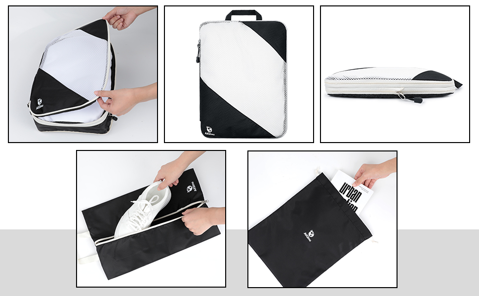 Набір компресійних органайзерів для одягу AiQInu, 5 шт, дорожні сумки-пакувальники з мішком для взуття та білизни, ультралегкі розширювані органайзери для валізи та ручної поклажі (Чорний)