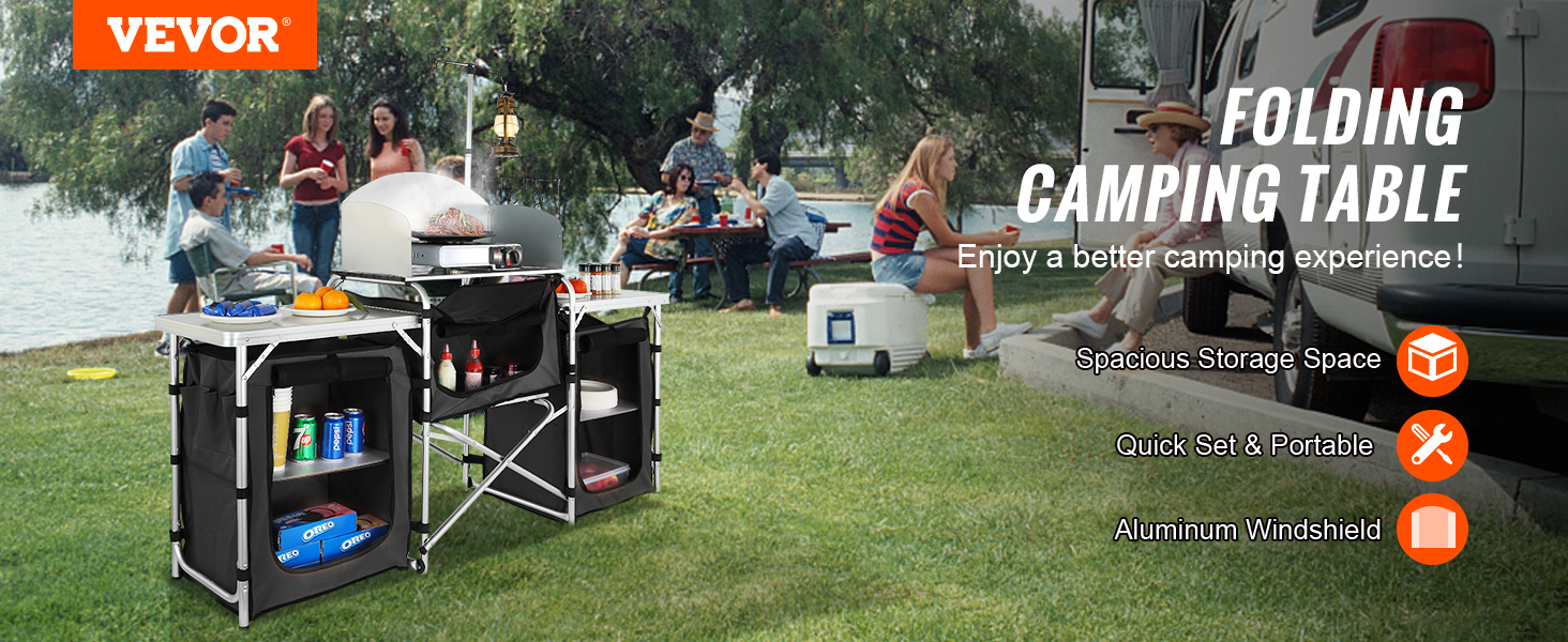 VEVOR Стіл для кемпінгу, розкладний туристичний стіл з місткою сумкою, алюмінієва кухонна станція з 3 шафками та знімним вітрозахистом, швидкий монтаж для пікніків та відпочинку на природі, чорний колір