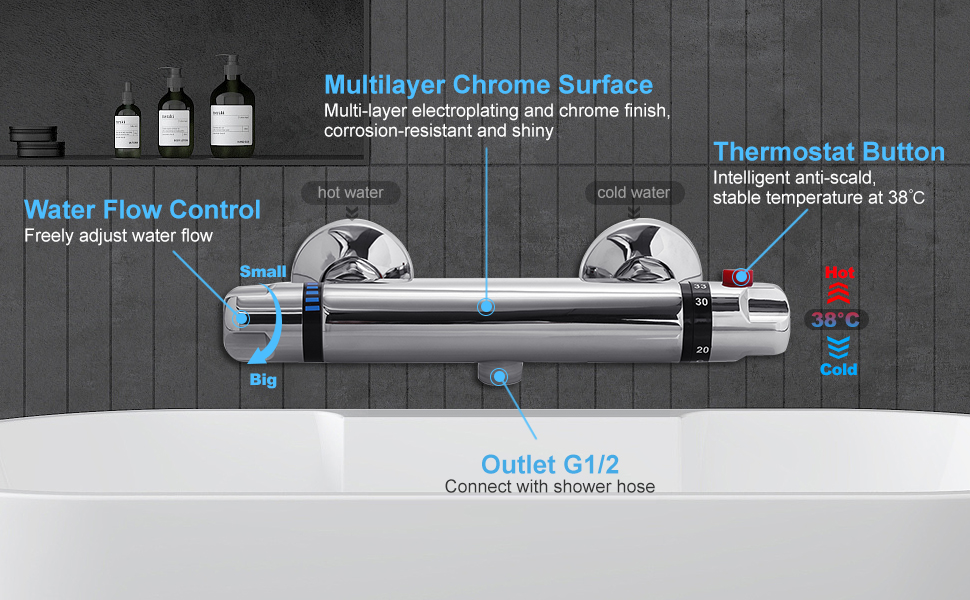 Сучасний змішувач для ванни та душу з двома виходами та керамічним вентилем - латунний, хромований, для ванної кімнати