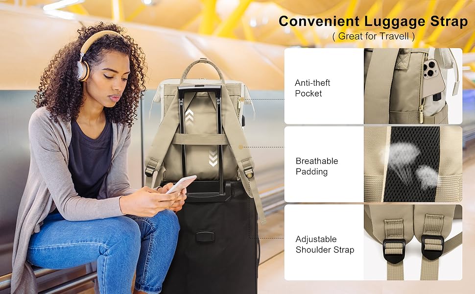 Рюкзак для ноутбука LOVEVOOK для жінок, великий шкільний рюкзак для підлітків, рюкзак ручної поклажі, водонепроникний дизайн, дихаючі плечові ремені, для університету, школи та подорожей, бежево-сірий (17 дюймів, B- Beige Khaki)