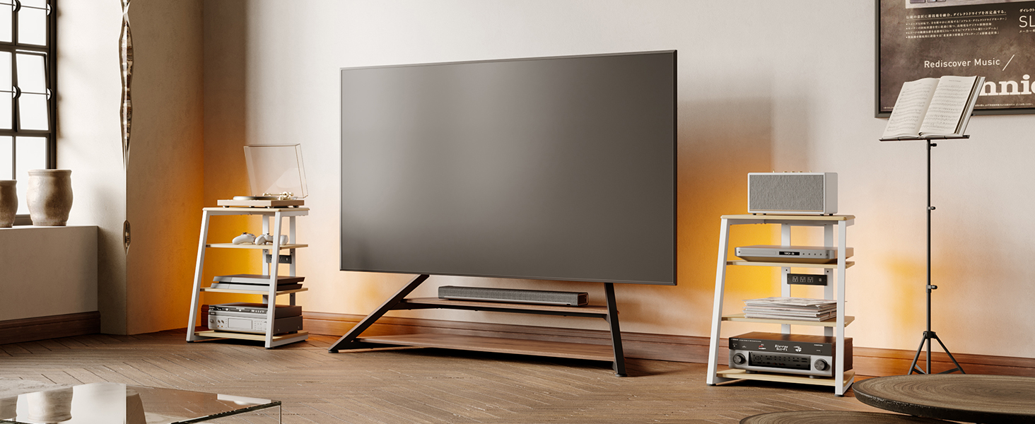 FITUEYES СТЕЛЖ HI-FI РЕГІАЛ з LED-підсвіткою та розетками для програвачів та стереосистем, 61 x 52 x 78 см