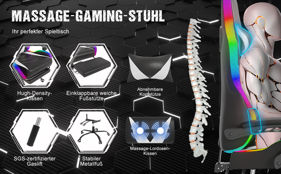 Ігровий крісло Devoko з LED підсвічуванням, білий. Ергономічний офісний крісло з функцією масажу, телескопічною підніжкою, регулюванням спинки 90-135°, вантажопідйомність 150 кг