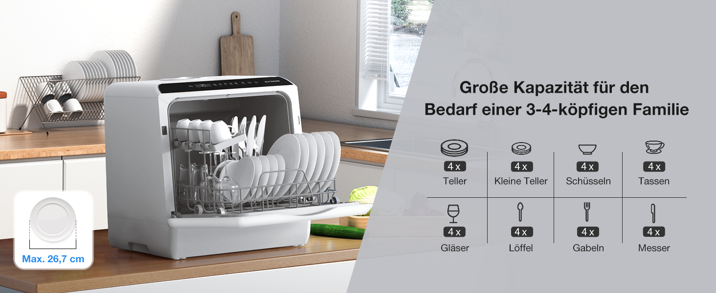 BLITZHOME Міні посудомийна машина з керуванням через додаток, 6 програм, портативна, 5л бак, з/без підключення до води, функція сушіння, для кемпінгу