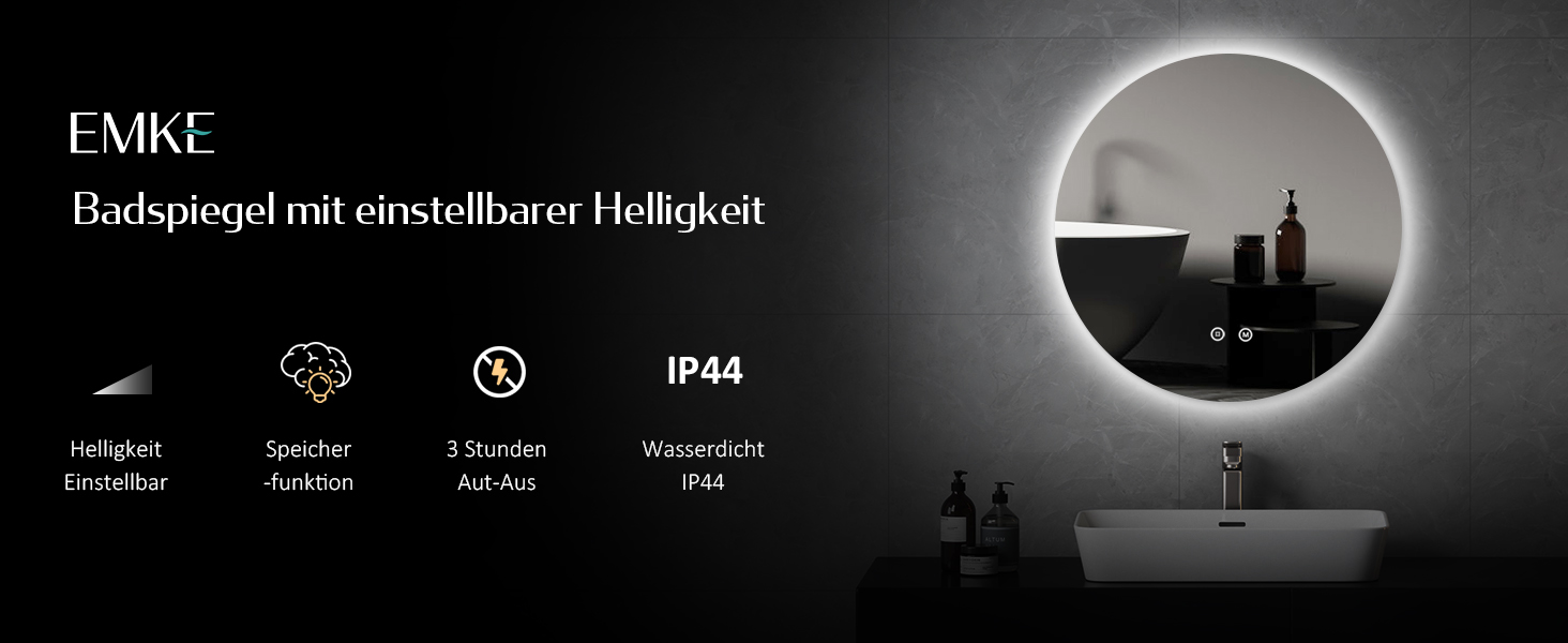 Дзеркало для ванної кімнати EMKE з підсвічуванням, діаметр 50 см, регульоване холодне біле світло, функція пам'яті, сенсорне керування, IP44, енергозберігаюче, заднє підсвічування