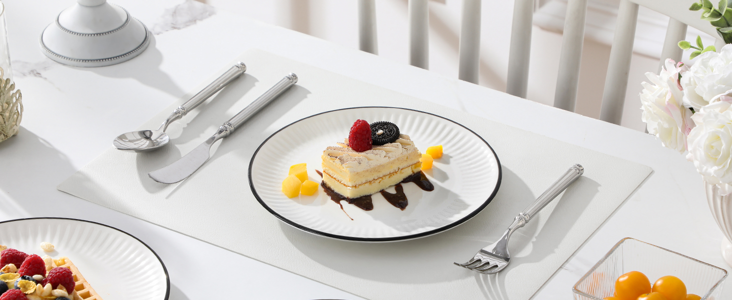 Набір посуду MALACASA LEILA 6 осіб, 24 частини: тарілки, миски, порцеляна, білий з чорним обідком