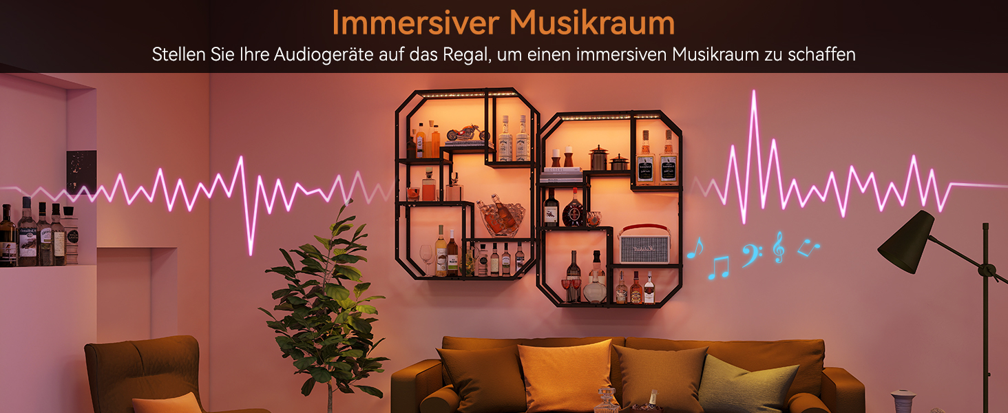 Підвісні полиці YU YUSING з RGB підсвічуванням 7 кольорів, геймерські полиці з 8 гачками, полиці для демонстрації, настінна вітрина з 2 скляними полицями, підвісна вітрина для спальні, кухні, бару, ігрової кімнати, шестигранна (чорний колір)