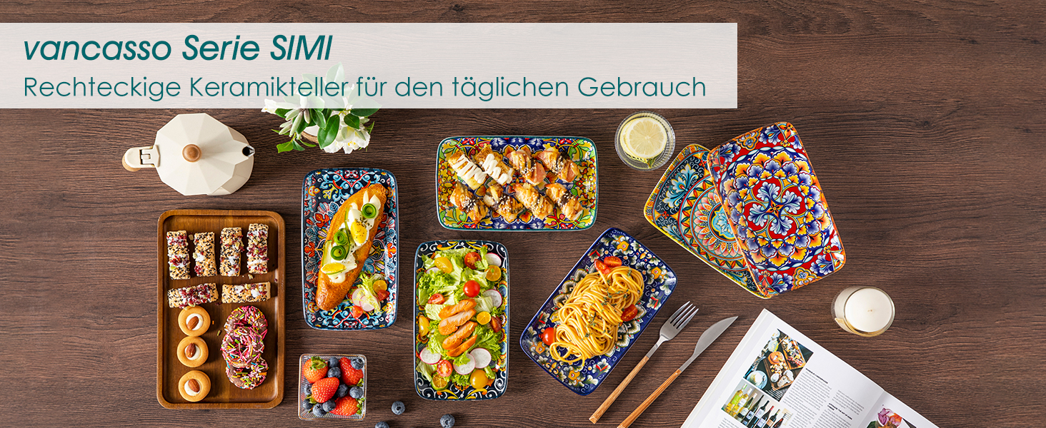 Набір тарілок Vancasso SIMI прямокутні, 6 шт. Порцелянові тарілки для подачі, десертні, на 6 осіб, 24.7x14.2 см