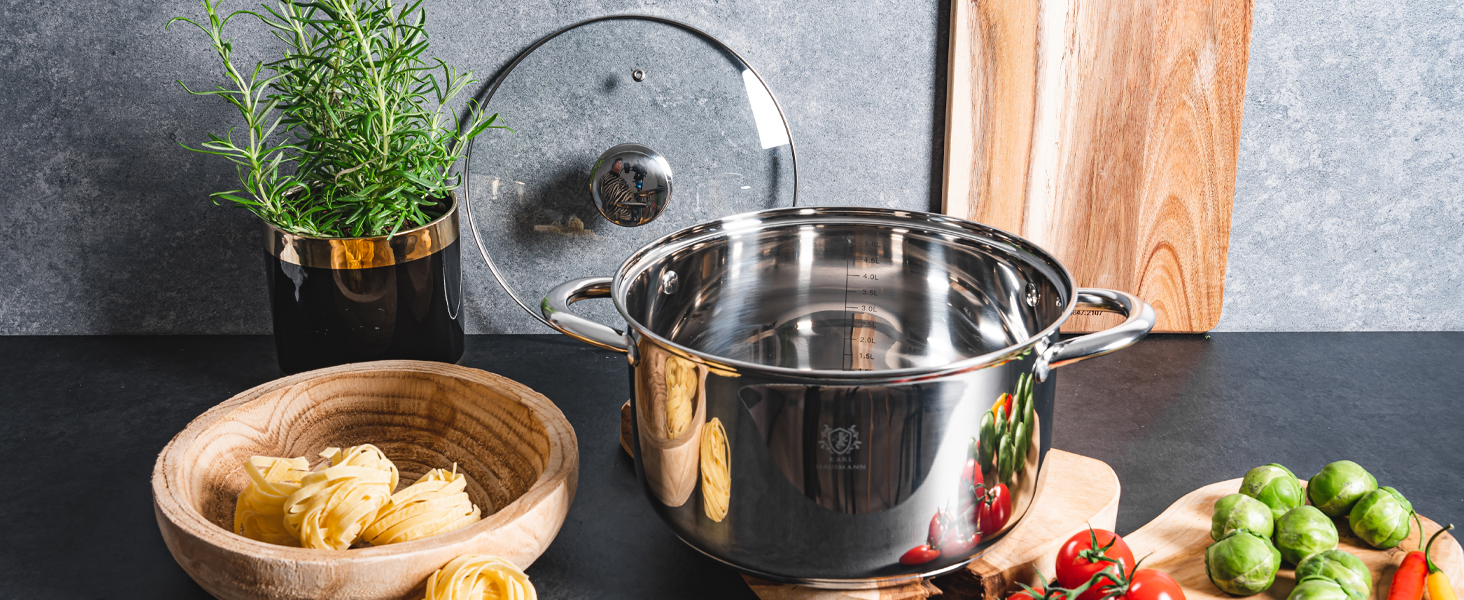 Набір каструль з нержавіючої сталі 3 шт. для всіх типів плит - каструлі з мірною шкалою, з кришкою з термостійкого скла