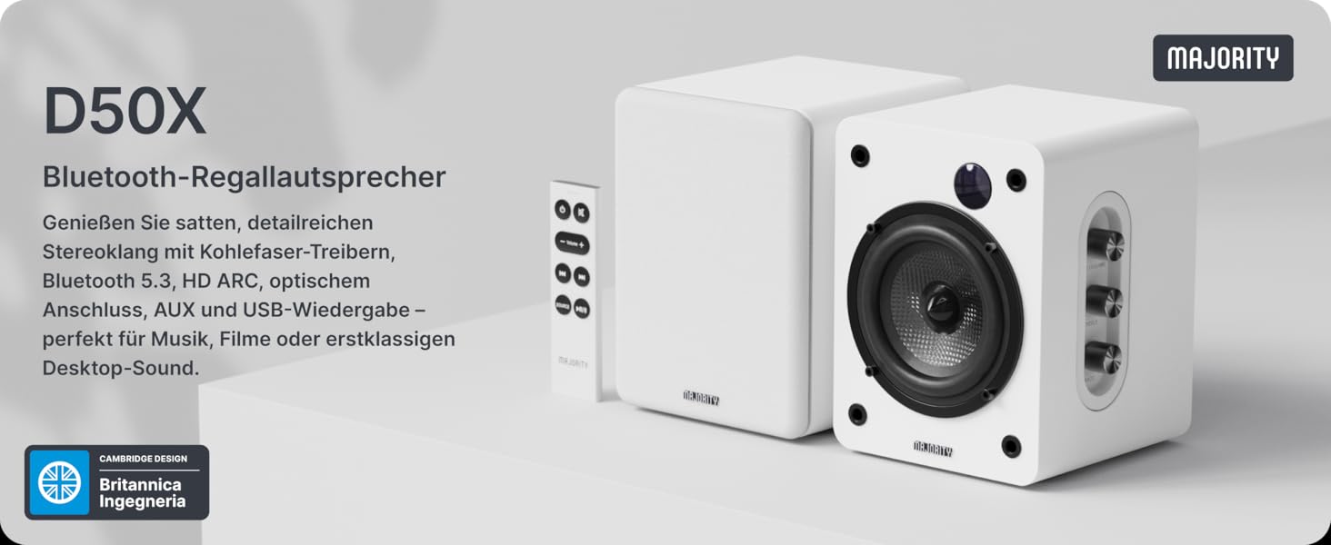 Активні Hi-Fi колонки Majority D50X 60W 2.0 для ПК та ТВ, Bluetooth 5.3, HDMI ARC, AUX, вуглецевий диффузор, білі
