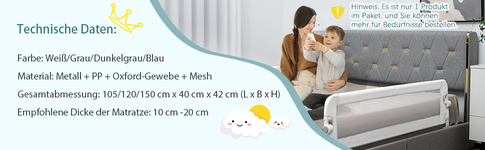 Бортик для ліжка COSTWAY складаний, захисний бар'єр для дитячого ліжка та батьківського ліжка 105x42 см (Сірий)