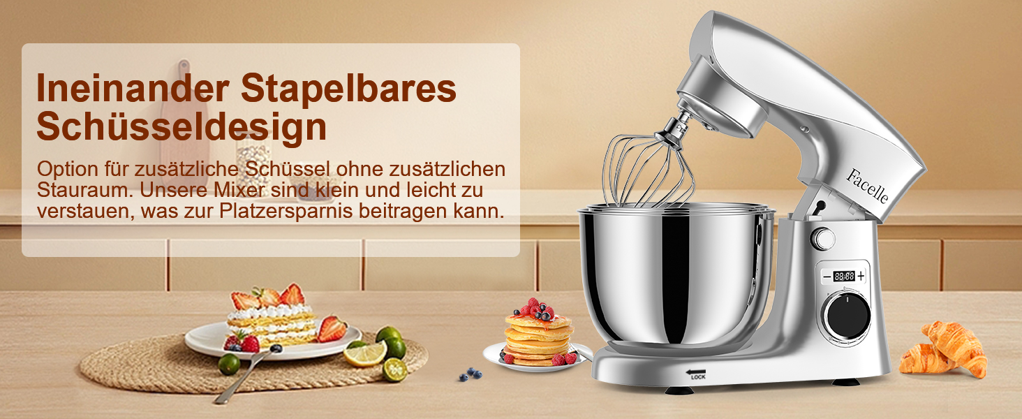 Кухонна машина-міксер Facelle 1500W з 5.5L та 4.5L чашами, 10+ програм, тиха робота, срібна