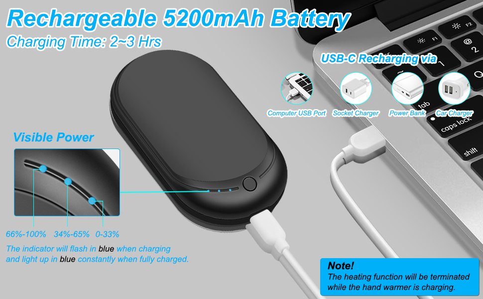 Електричний грієчка USB, Powerbank 5200mAh, портативний кишеньковий грієчка, багаторазовий, для жінок та чоловіків, Raynaud, Outdoor, кемпінг, полювання, катання на лижах, чорний та білий (чорний та сірий)