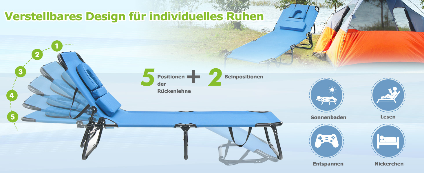 Лежак для відпочинку Costway з отвором для обличчя, розкладний, з 3 знімними подушками та регульованою спинкою, для саду та басейну (Чорний)