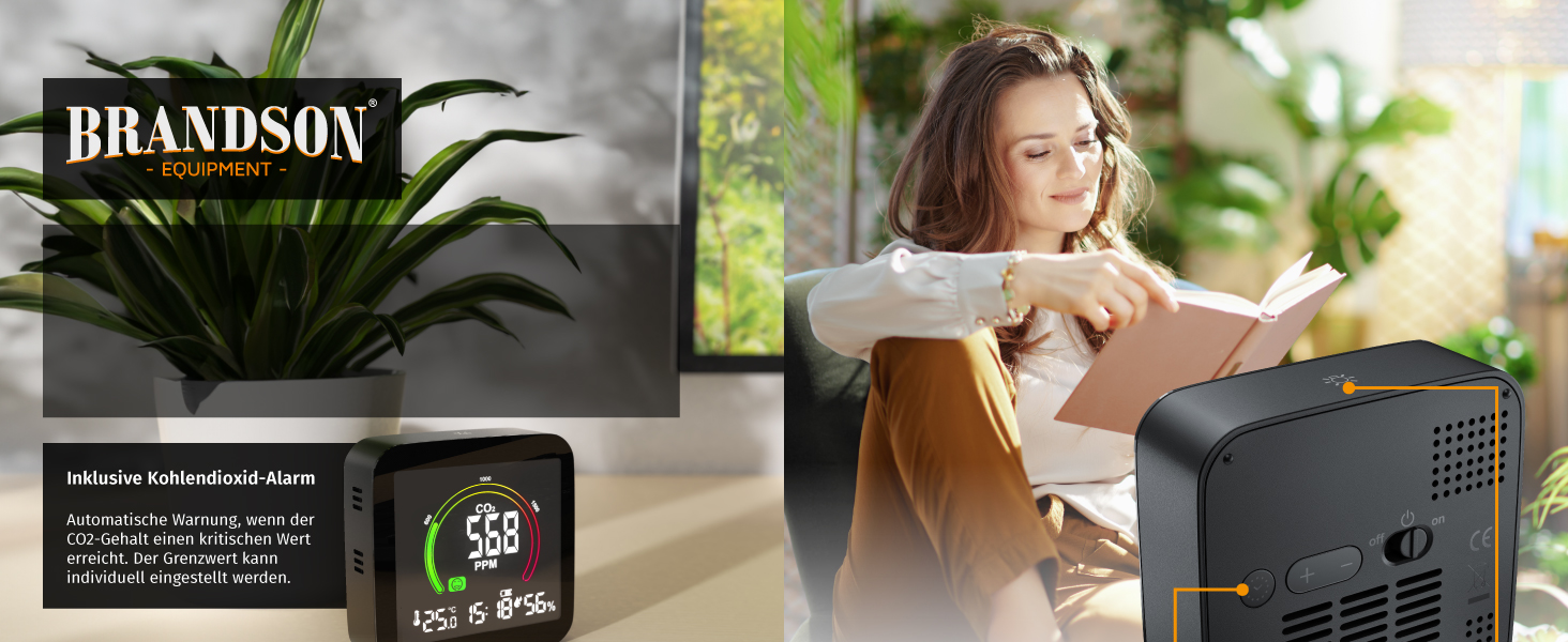 Датчик CO2 Brandson: вимірювач якості повітря, сенсор вуглекислого газу, термометр, гігрометр, індикатор CO2, рекомендації по вентиляції, будильник