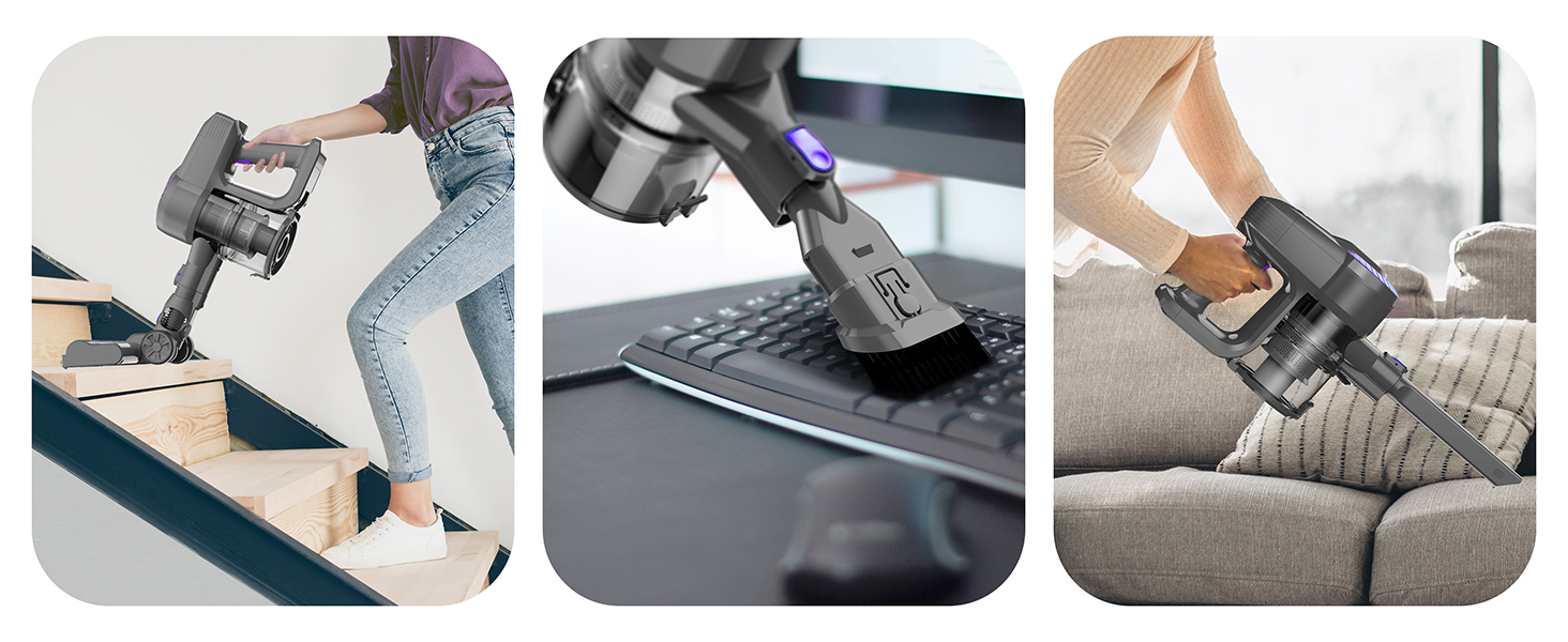 Бездротовий акумуляторний пилосос з потужністю 25000Pa, 175W, час роботи 50 хвилин. Бездротовий ручний пилосос з антизаплутаною щіткою, самостійною підставкою та легким корпусом. Підходить для килимів, твердих підлог та видалення шерсті тварин. Колір: фіолетовий