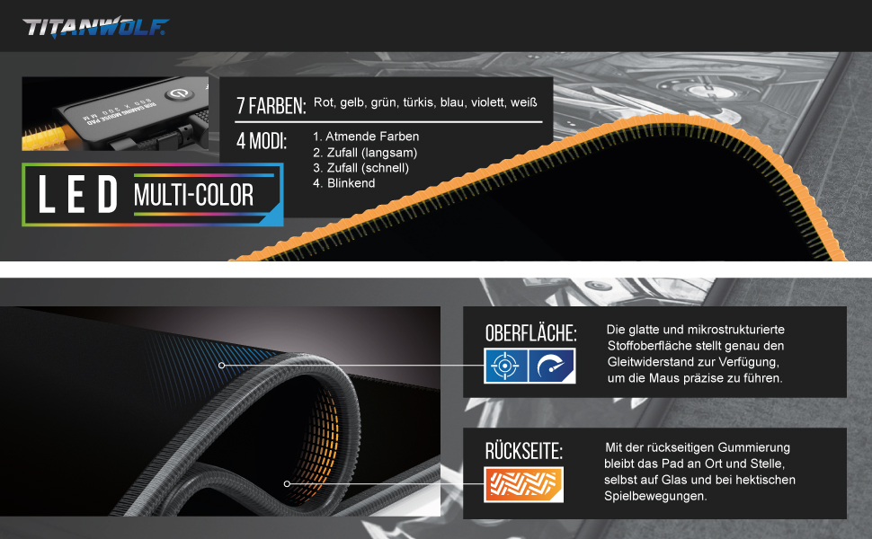 Кисмат TITANWOLF XXXL RGB ігровий килимок для миші – 1200 x 600 мм, LED, 7 кольорів, 4 режими, гумова основа, миється (Black Pro)