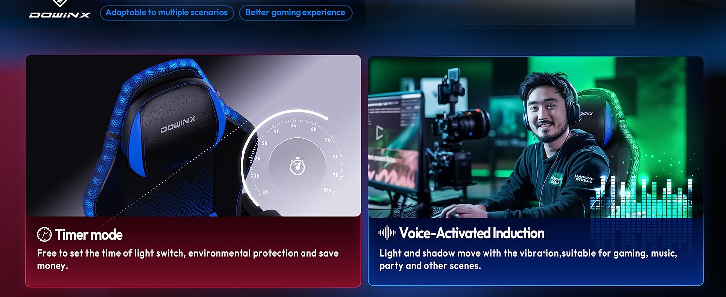 Ігровий крісло Dowinx з RGB підсвічуванням, LED, з підніжкою, для дорослих, ергономічний, з масажем попереку, PU шкіра, білий (блакитний)