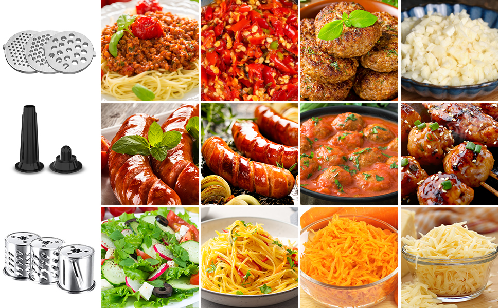 Електрична м'ясоподрібнювач Fleischwolf, мультифункціональна модель з трьома насадками для нарізки, з насадкою для ковбас та для випікання, 3 сталеві диски, чорний