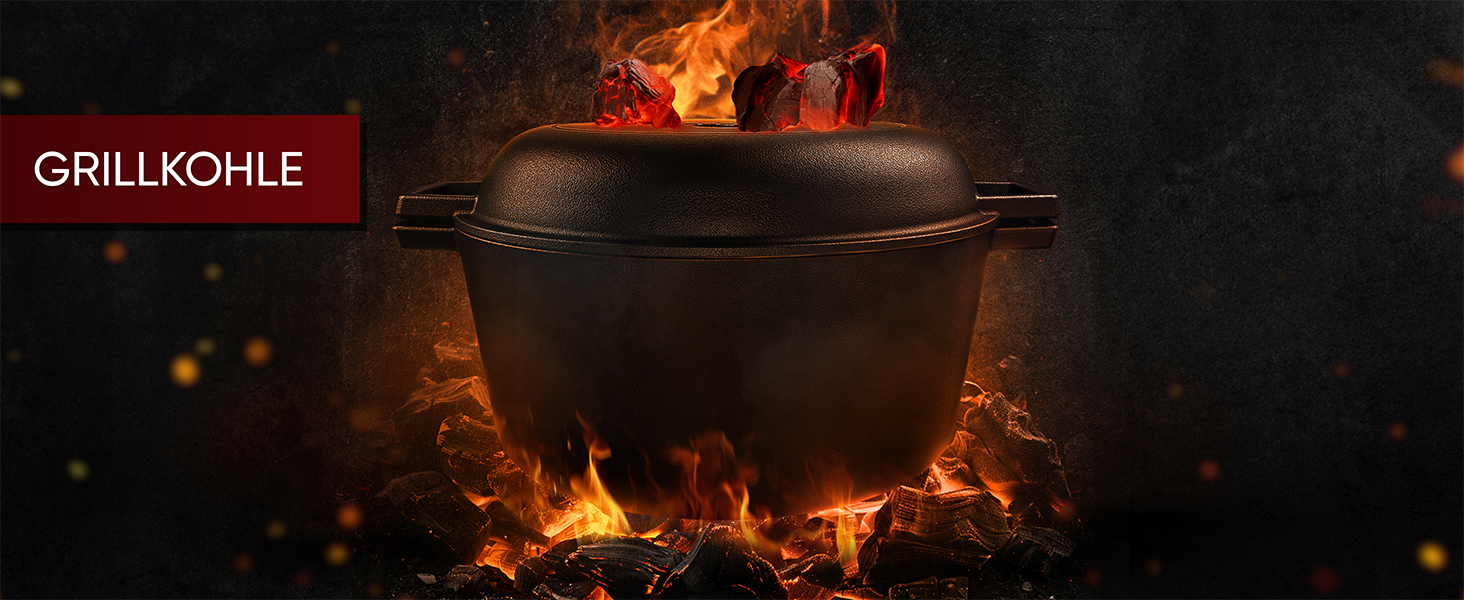 Голландська піч 2в1 з чавуну, 4.8л + сковорода з чавуну 1.8л - набір посуду для приготування, BBQ, кемпінгу та кухні. З кулінарною книгою та аксесуарами. 30 років гарантії. Чорний колір.