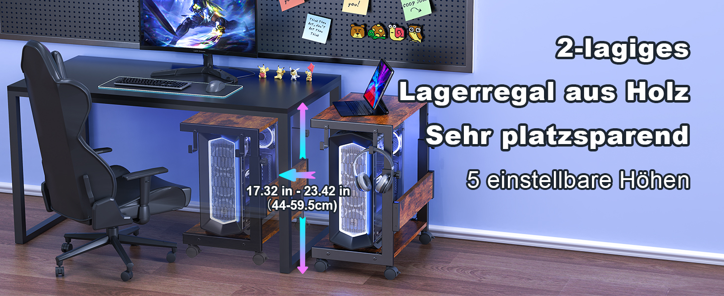 Регульована підставка для комп'ютера Tower з 2-ярусним корпусом ATX, підлоговий стійк, стійка для 3D-принтера з полицями, фіксуючі колеса, сумісна з більшістю комп'ютерів (темно-коричневий, W44 x D30 x H44-59.5cm)