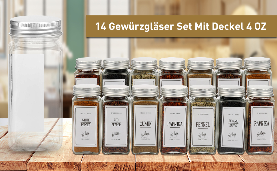 Набір з 14 банок для приправ об'ємом 120 мл, скляні банки для приправ об'ємом 4 унції, Кухонні банки для приправ, кутові банки для приправ, контейнер для приправ, шейкер для приправ