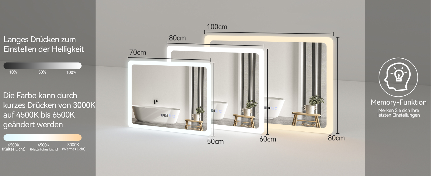 Дзеркало для ванної кімнати YU YUSING з підсвічуванням 80x60 см, LED, 3 кольори світла, регулювання яскравості, антизапар, сенсорне управління, таймер, загартоване скло, IP44 (прозоре)