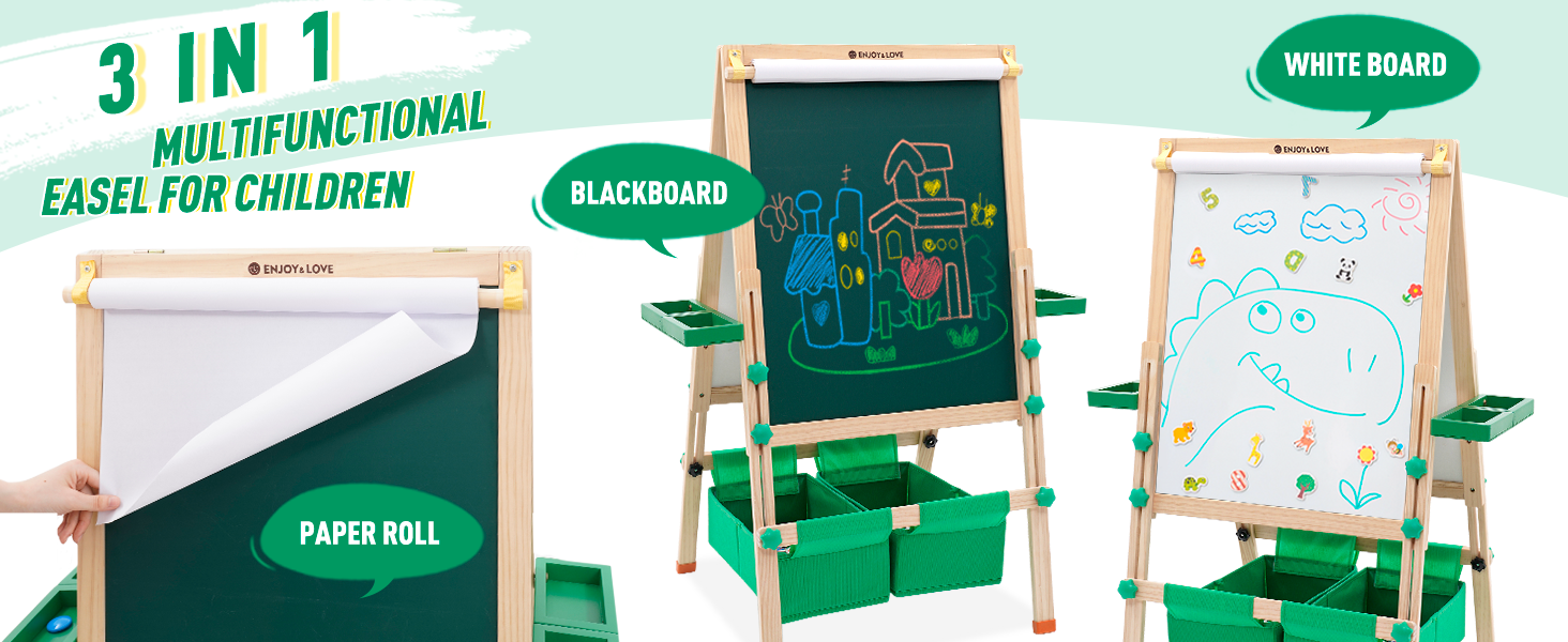 Дитяча мольберт-трансформер з паперовим рулоном, дошками для малювання та аксесуарами. Регульована висота 90-110 см. Дошка з покриттям для сухого стирання.