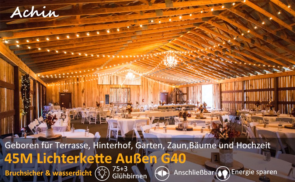 LED гірлянда Achin 45 метрів, тепле біле світло 2700K, 75 лампочок G40, для зовнішнього використання, диммування, сад, тераса, вечірка