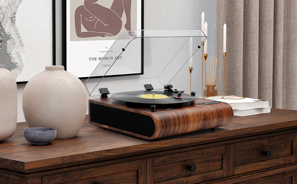 Вініловий програвач VOSTERIO Bluetooth з вбудованими HiFi стерео динаміками, підтримкою 3 швидкостей (33/45/78 об/хв), функцією оцифрування вінілових платівок у MP3, FM-радіо, USB, TF, Aux-In, RCA, LED-дисплеєм