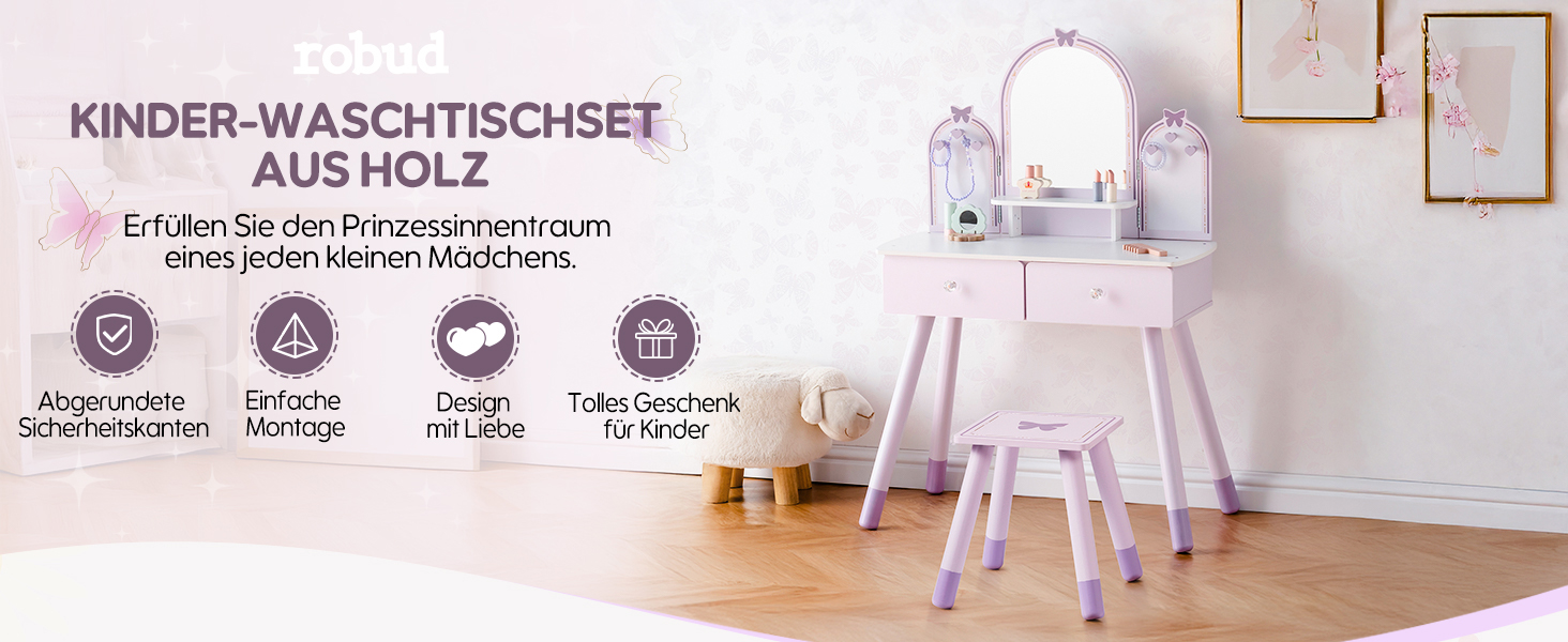 Дитячий туалетний столик ROBUD з дзеркалом, пуфом, шухлядами та аксесуарами (ігровий набір)