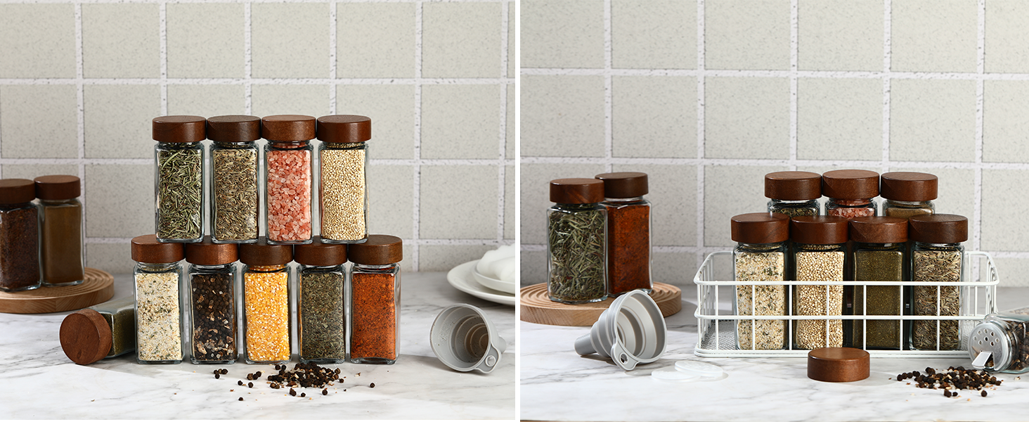 Набір скляних банок для спецій з дерев'яними кришками з акації, 24 шт по 120 мл