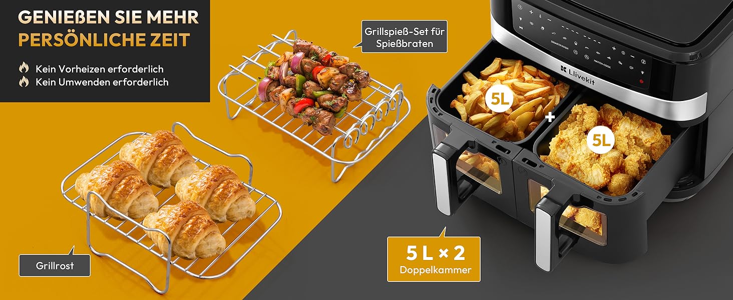 Аерофритюрниця LLIVEKIT з двома камерами 2x4,5л (10л), 8 програм, 4D конвекція, функція Sync-Finish, чорна