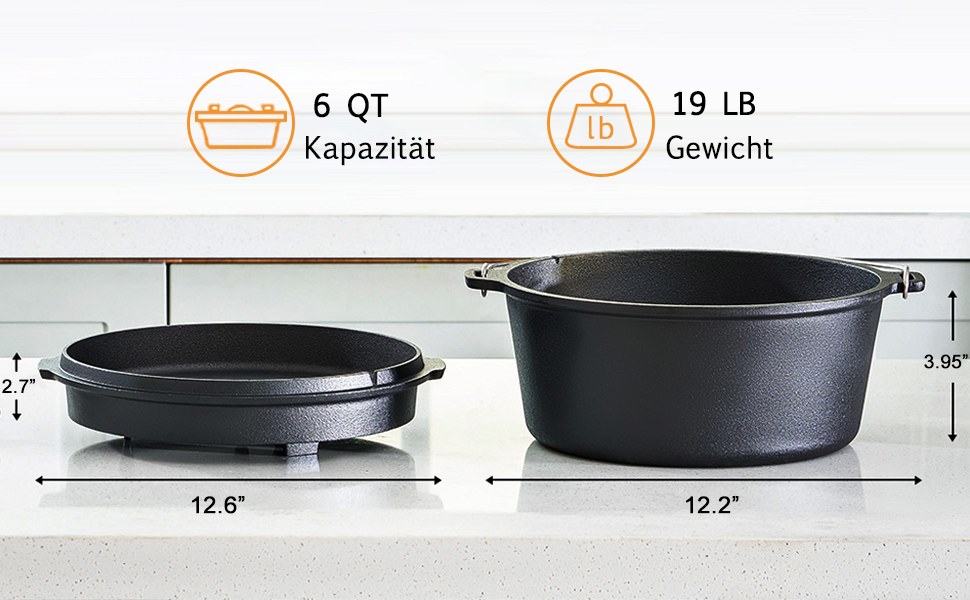 Нідерландський горщик (Dutch Oven): набір, чавунний котел з кришкою-підйомником, 2-в-1, 6 літрів, чорний, для приготування їжі на вулиці та вдома