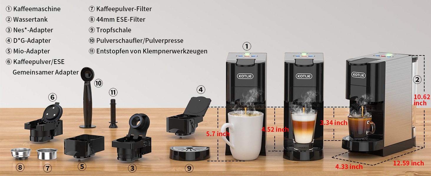 Кавомашина KOTLIE Espresso 4-в-1 для NES/Dolce Gusto/меленої кави/ESE (44мм), 19 Бар, Чорна
