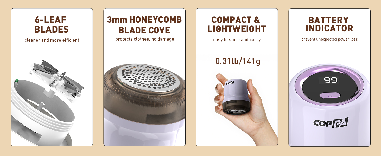 Електричний видалення ворсу для тканини COPPA: 6 лез, 3 швидкості, перезаряджається, для одягу, меблів (фіолетовий)