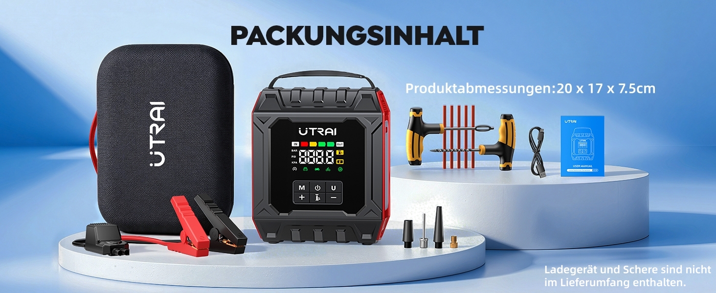 Пусковий пристрій UTRAI 7000A з компресором 160 PSI та Powerbank для авто (бензин та дизель до 12л), магнітний ліхтар 1000 Лм, червоний