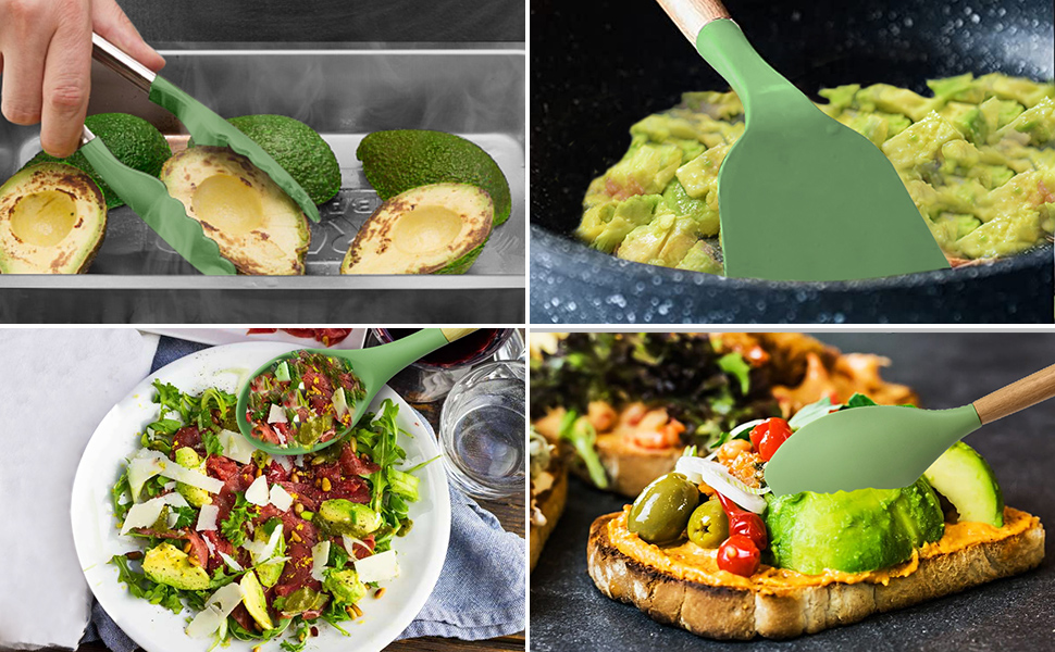 Набір кухонних аксесуарів 13шт, силікон, стійкий до високих температур, з дерев'яною ручкою (авокадо-зелений)