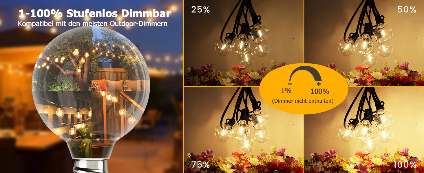 Світлодіодна гірлянда для зовнішнього використання, 60 м, G40 LED, вологостійка IP45, димерна, тепле біле світло (2700K), 104 пластикові лампочки, для декору саду, тераси, вечірки