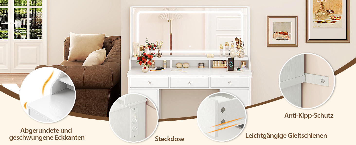 Діплекс туалетний столик з підсвіткою, 110 см, з 11 шухлядами та LED-дзеркалом, білий. Сучасний туалетний столик для спальні та гардеробної