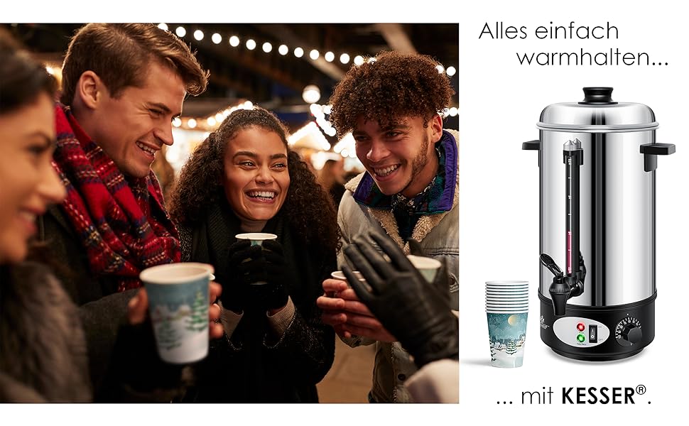 Глювайновий котел KESSER® 8L з нержавіючої сталі: котел для глінтвейну з термостатом, 10 склянок, дисплей рівня, кран, сріблястий