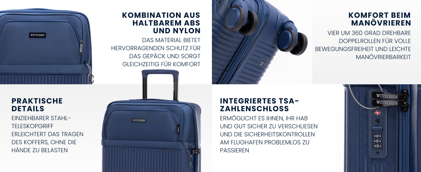 Набір валізWITTCHEN AXIS 3 шт. | Ручна та велика валіза | Гібрид ABS Nylon з TSA замком, телескопічною ручкою та 360° колесами | (Темно-синій, 55 x 37 x 21,5 см)