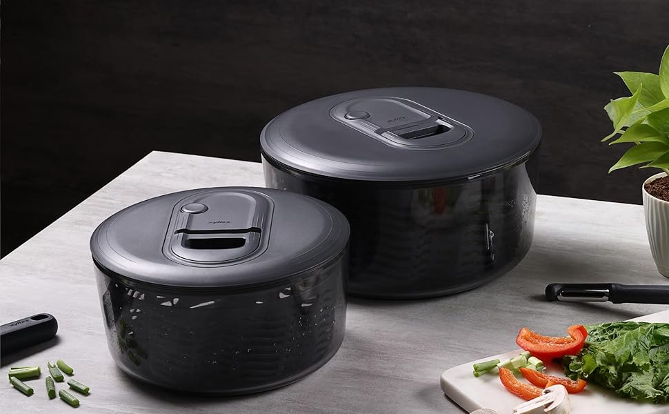 Салатниця Zyliss Easy Spin, 6 л, з мотузковим приводом, неслизьке дно, миска для подачі, AquaVent™-технологія, кнопка стоп, легко миється, сірий колір