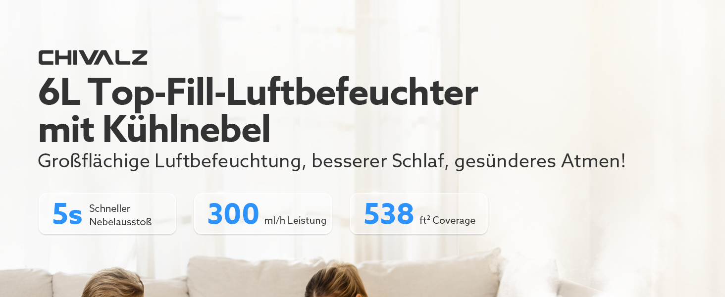 Зволожувач повітря Chivalz Top Fill для великих кімнат 6л з нічником, обертовою на 360° форсункою, 50 год роботи, аромадифузор для спальні, дитячої, рослин, немовлят, білий + 2 виходи туману