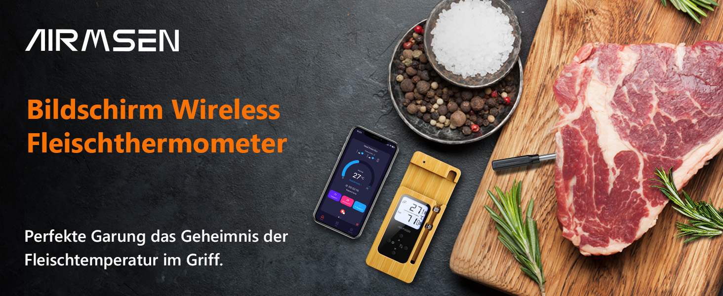 Бездротовий термометр для м'яса AIRMSEN з LCD-дисплеєм, водонепроникний (IPX8), для приготування на грилі, в духовці та BBQ, Bluetooth, 150м, керування через додаток, керамічна ручка, для гриля, духовки та BBQ, колір: дерево