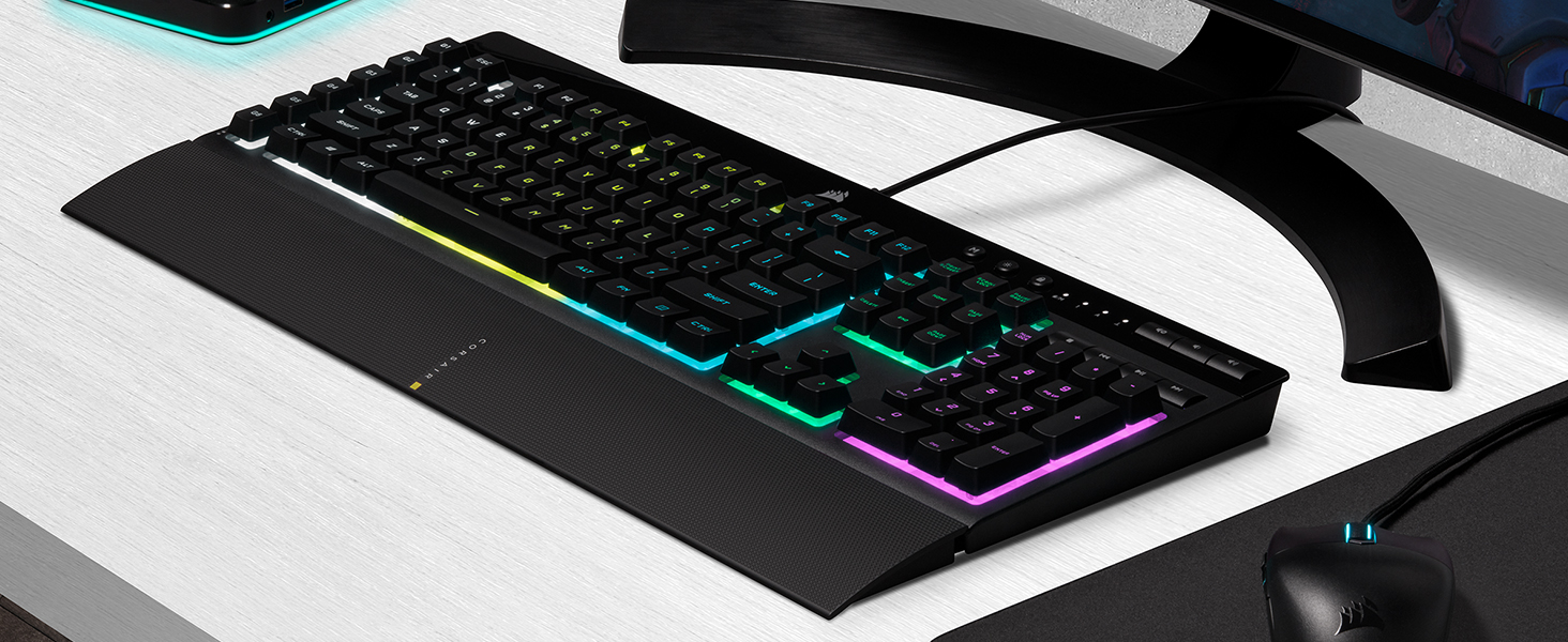 Клавіатура Corsair K55 RGB PRO, провідна, мембранна, QWERTZ DE, чорна, IP42, 6 макро-клавіші, сумісна з iCUE, для PC, Mac, Xbox