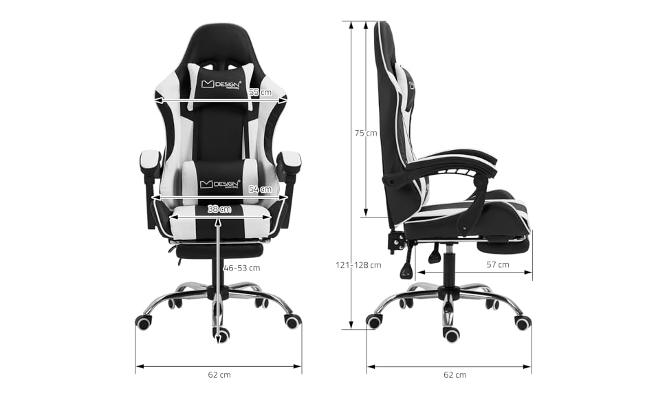 Масажне ігрове крісло ML-Design, PU шкіра, ергономічне офісне крісло, регульоване поворотне крісло, гоночне геймерське крісло з підлокітником, підголівник, поперекова подушка, підставка для ніг, крісло для столу (чорно-біле)