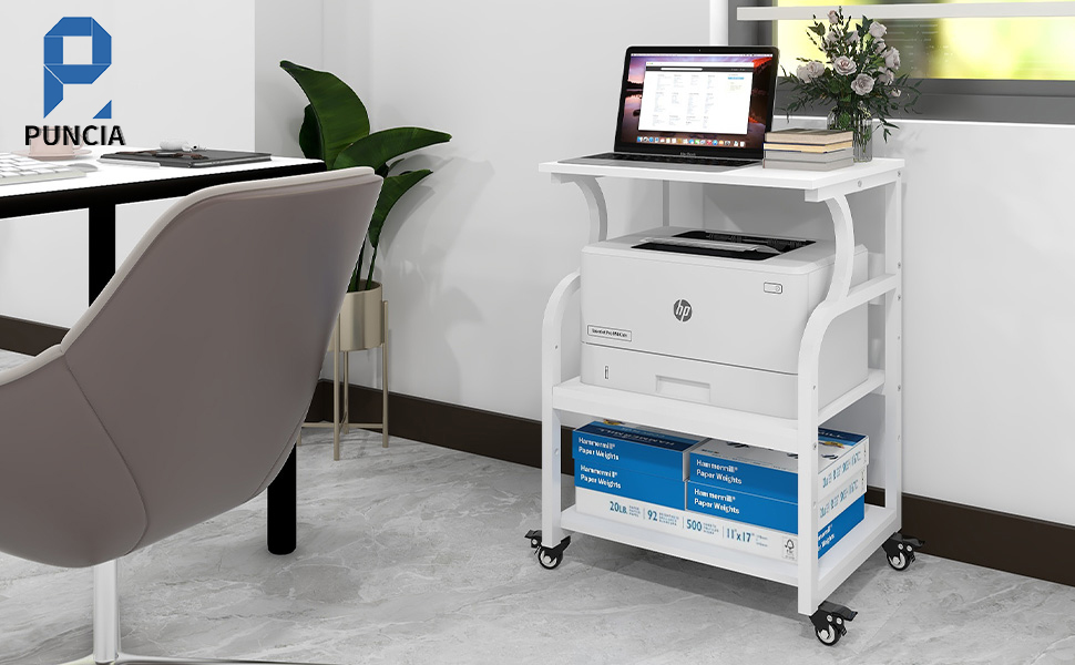 Регульований стіл для принтера PUNCIA з 3 ящиками, 60 x 50 см, на коліщатках, з дерева та металу, білий