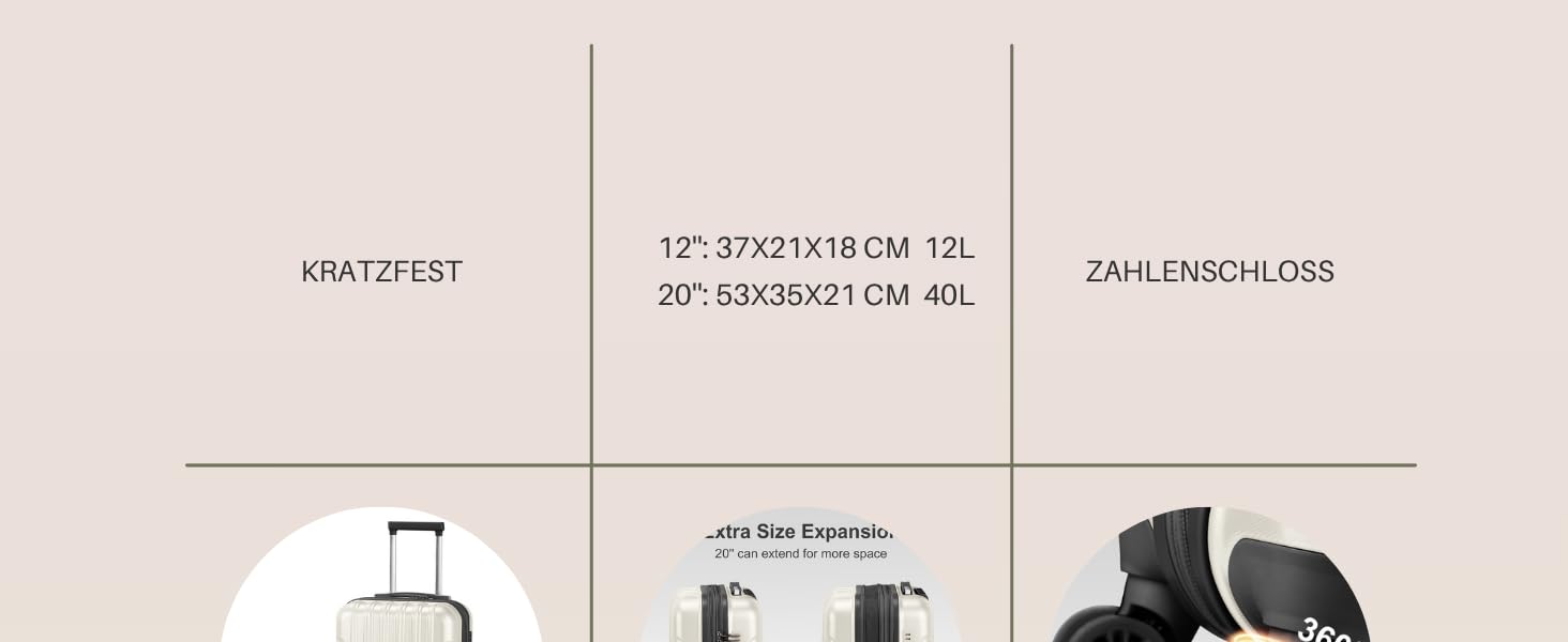 Набір валіз LALAHO 2 шт. з косметичною сумкою, міцний корпус ABS+PC, телескопічний ручка, ручна поклажа, градієнтний дизайн (бежево-білий), набір валіз 2 шт.